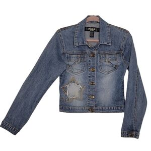 Angfu Authentic Original Blue Star Graphic Button Front Denim Jean Jacket Size L